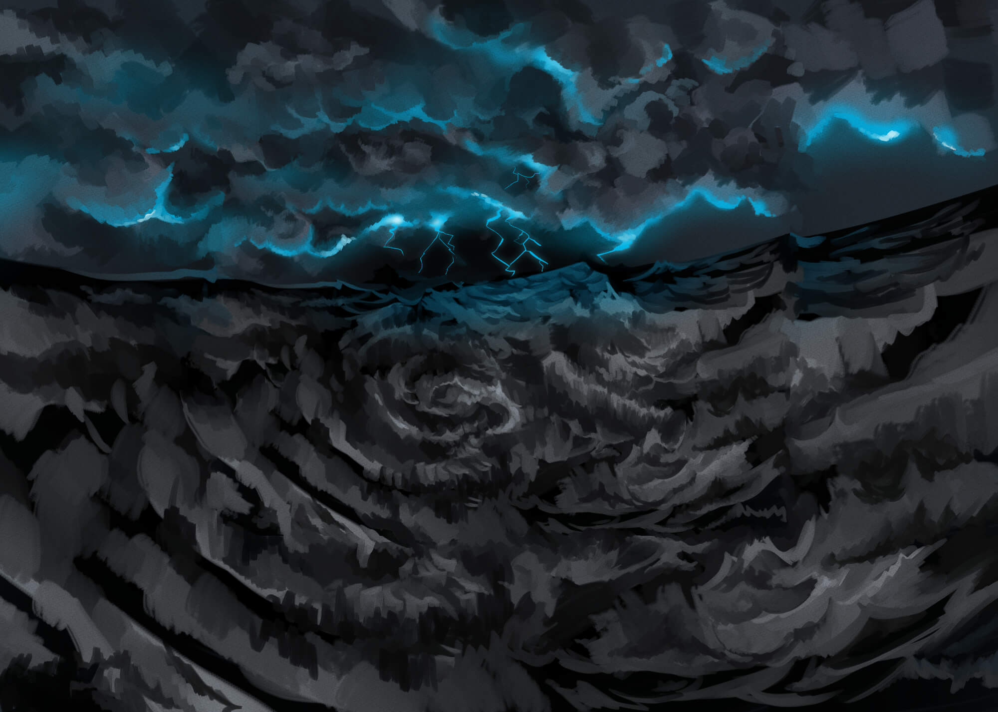 挿絵：黒い暗雲に黒い海。青色の雷が落ち、海は嵐のように荒れている。