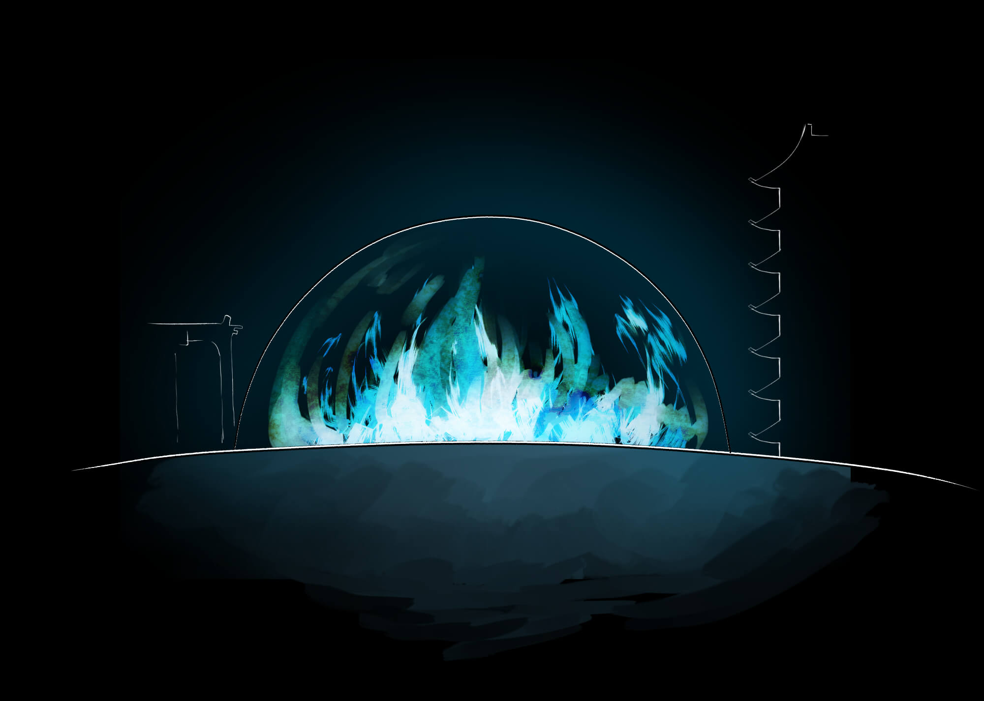 挿絵：真っ暗な地獄に透明なドームがある。ドームの中には、青く明るい炎が燃え盛っている。